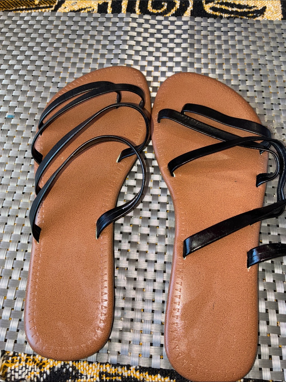 Time and Tru Black Multi-Strap Slide Sandals with Brown Footbed